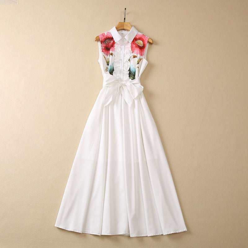 Wooden Ear Positioning Flower Lapel Sleeveless Dress