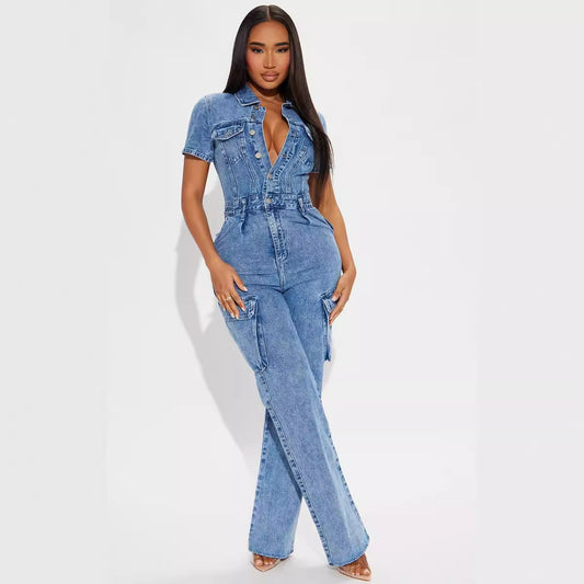 Tight Waist Slim Elastic Fried Floral Wash Denim Jumpsuit Jumpsuit Bell Bottom Pants