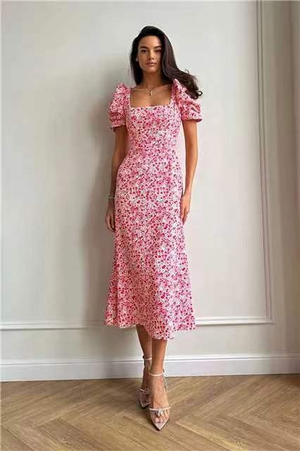 Robe fraîche à manches courtes et à fleurs pour femmes, amincissante à la taille