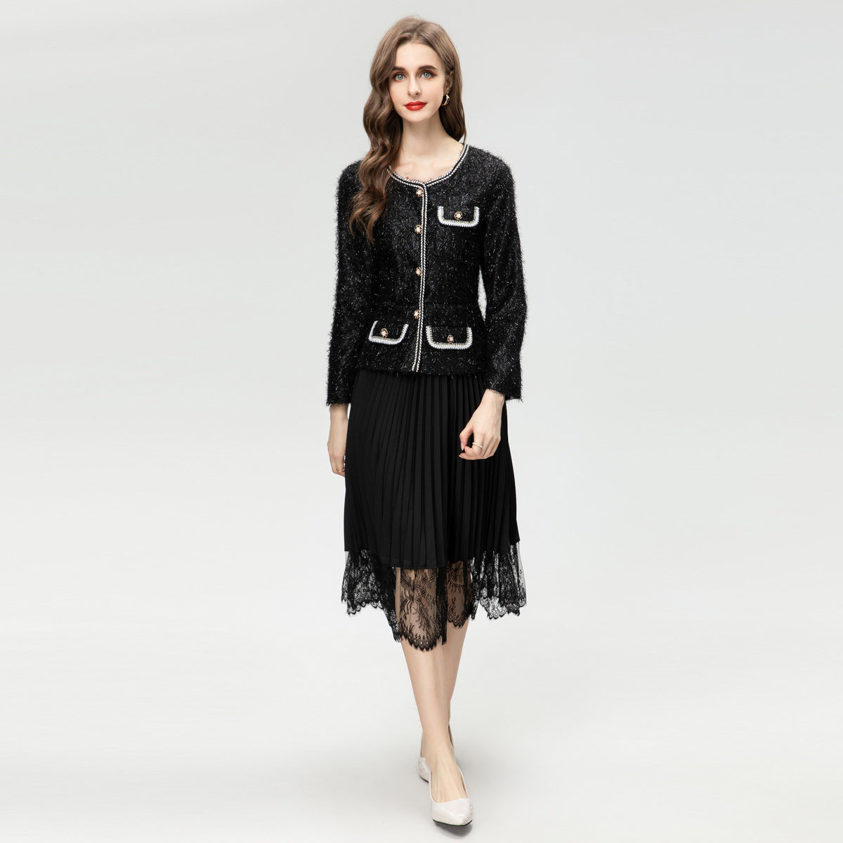 Long Sleeve Wool Tassel Stitching Pleated Large Swing Dress