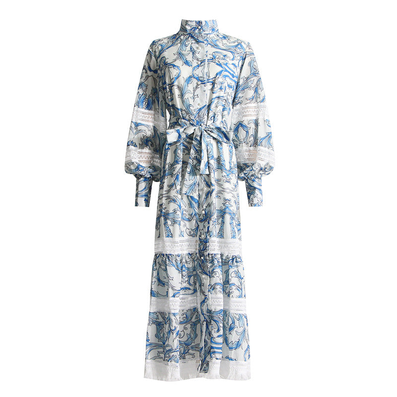 Robe française rétro bleue imprimée, col montant, manches longues, taille à lacets, amincissante, Maxi, printemps