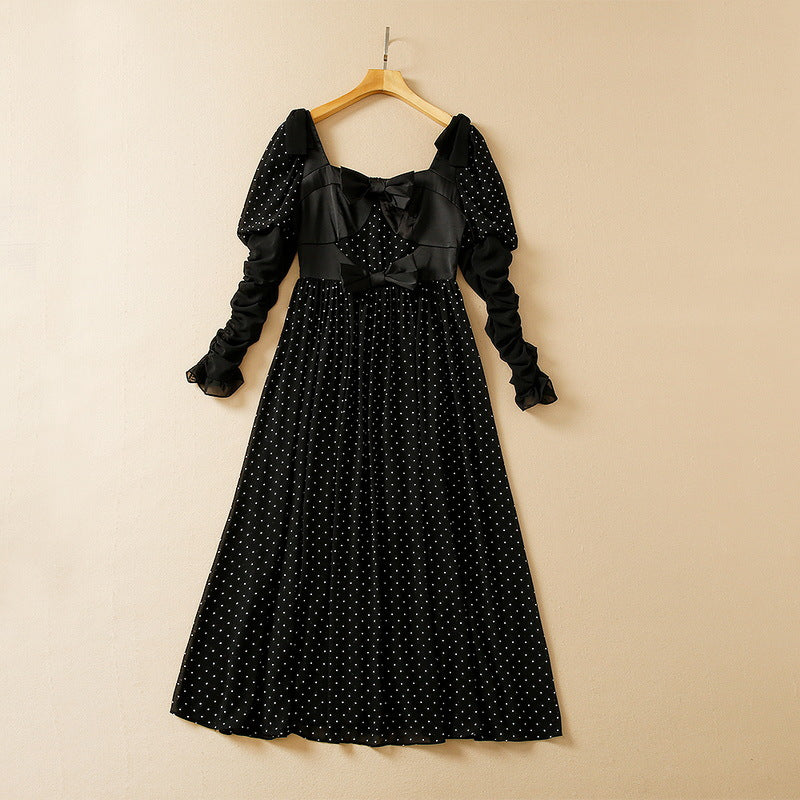 Bow Polka Dot Pleated Long Sleeve Dress