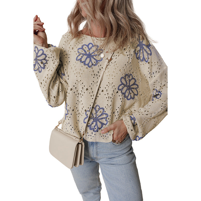 Winter Floral Print Short Sweater Women Cool Hollow Out Cutout Off Shoulder Sweater Women