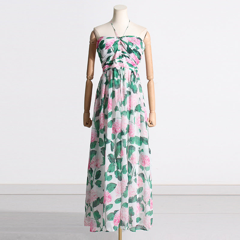 Robe Maxi imprimée verte, été, col licou, sans manches, Sexy, robe Maxi pour femmes