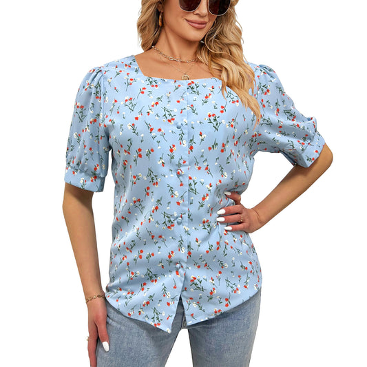 Blusa de manga corta con botonadura sencilla y estampado de verano para mujer