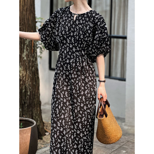 Tea Break French Floral Lantern Sleeve Dress Summer Women Clothing Overknee Dress