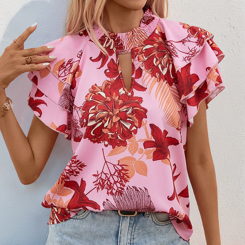 Camisa con estampado de hojas de loto y mangas a capas para mujer de verano