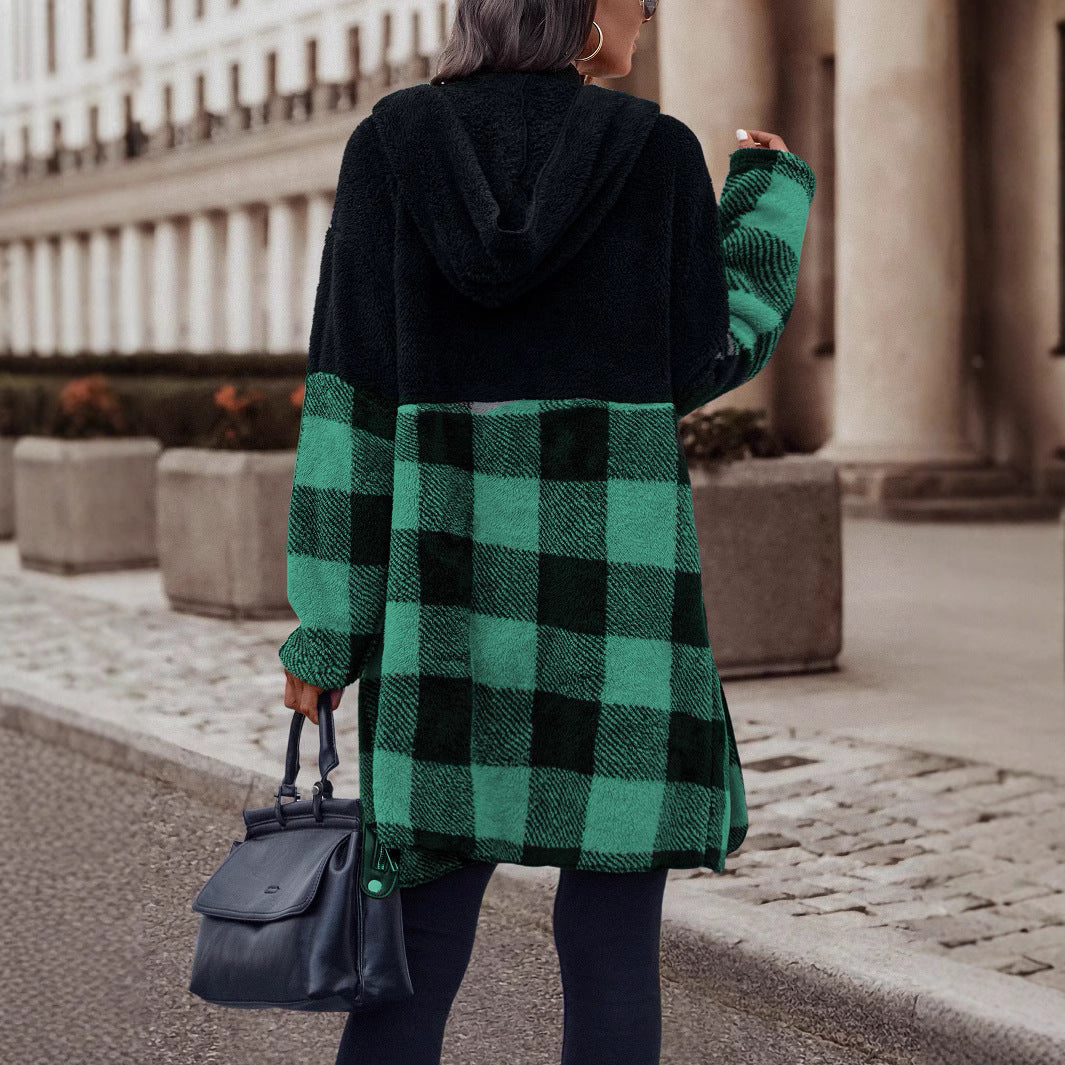 Autumn Winter Hooded Plush Plaid Coat Loose Mid Length Coat