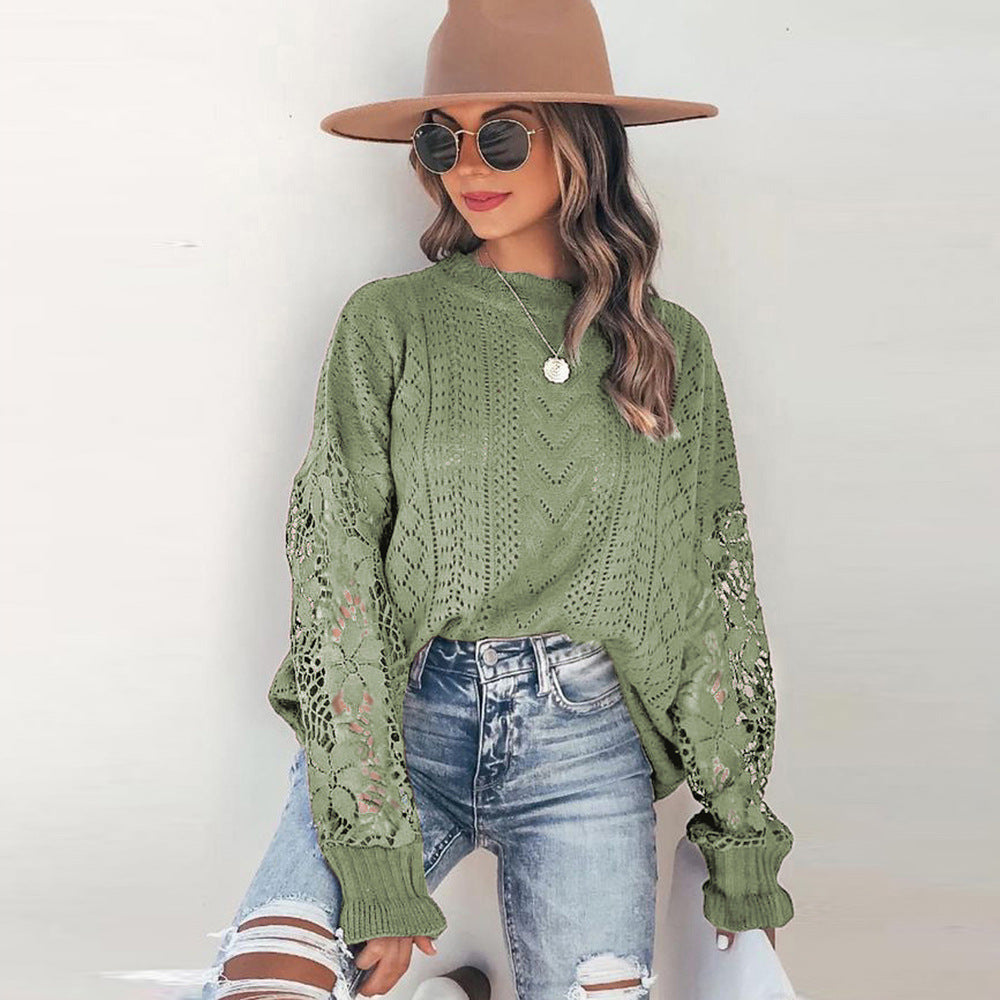 Cutout Floral Long Sleeved Sweater Women Loose round Neck Pullover Top