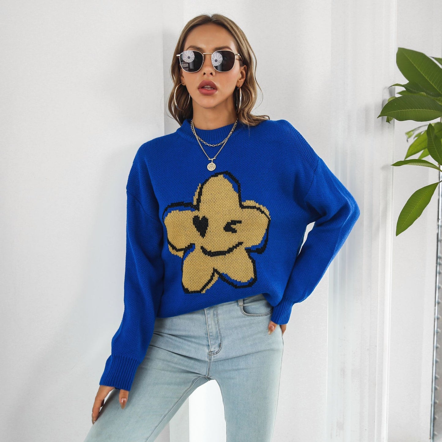 Cute Floral Cartoon Brocade Sweater Women Loose Sweater Casual Women Clothing Sweater