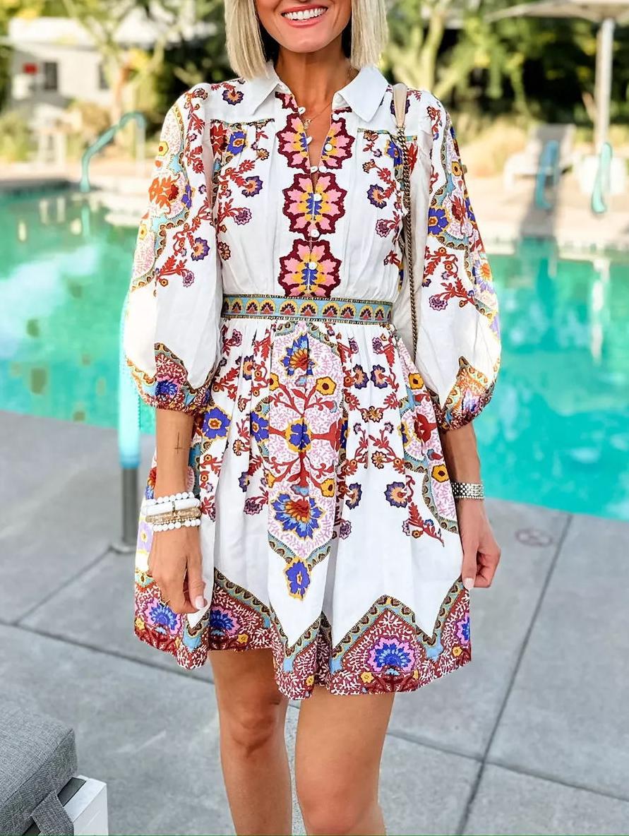 Vestido de otoño con bolsillos y estampado étnico bohemio