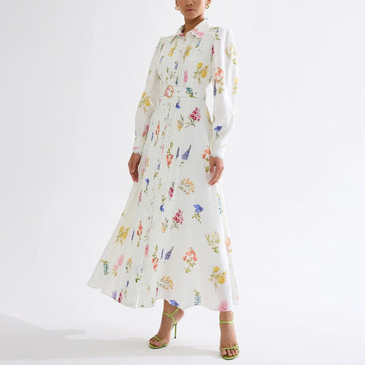 Robe longue à lacets et col montant artistique pour femme, manches bouffantes, longue, imprimée, à la taille