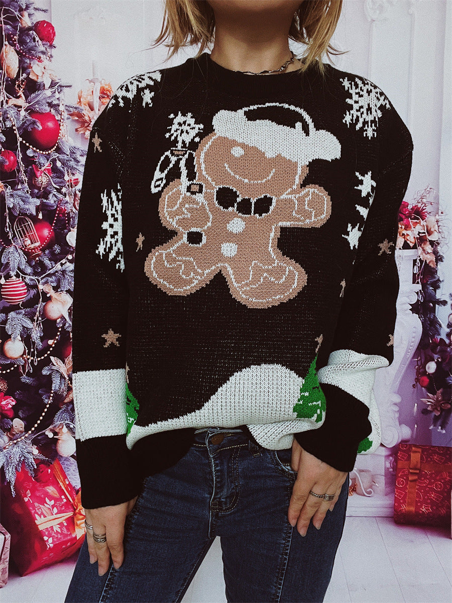 Christmas Sweater Cute Snowman Pattern round Neck Long Sleeve Knitted Pullover Year Sweater