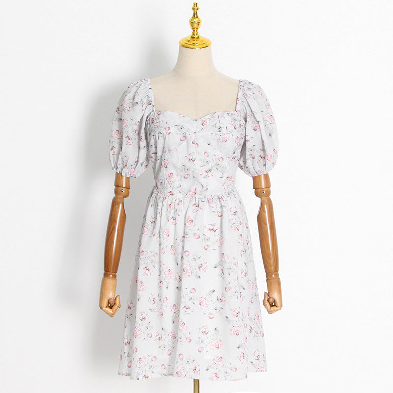 Robe trapèze pour femmes, vacances en bord de mer, col carré, manches bouffantes, motif Floral, taille serrée, amincissante