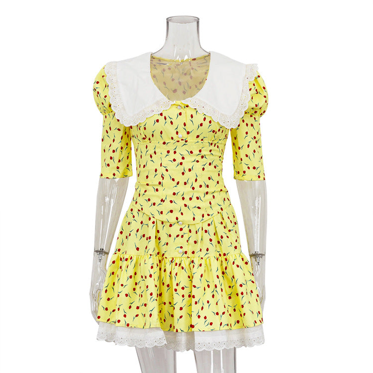 Summer Peter Pan Collar Short Sleeve Floral Dress Graceful Fashionable Tight Waist Petti dress