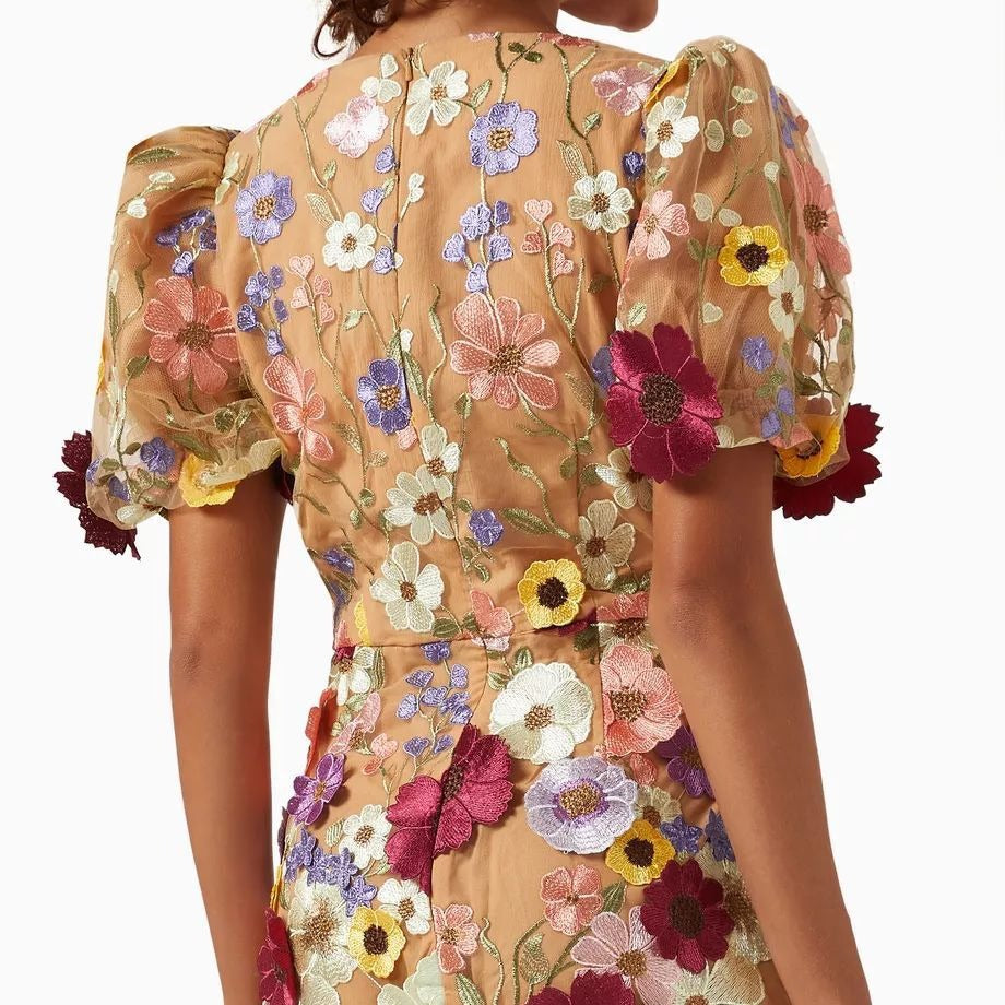 Vestido de manga farol con cuello floral Primavera Verano