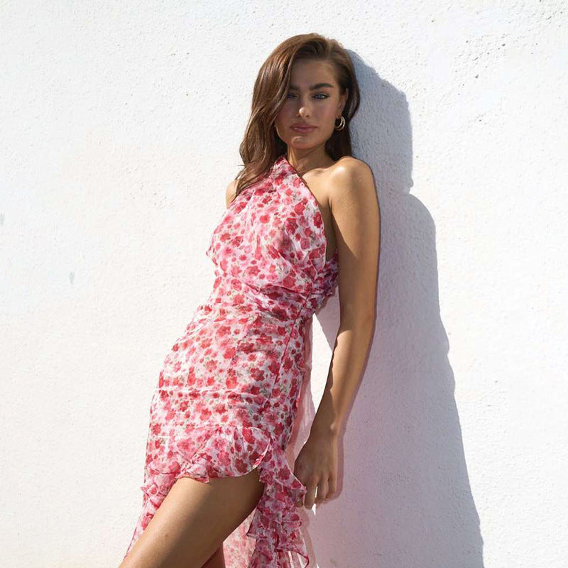 Ropa de verano para mujer, vestido francés pequeño con hombros oblicuos y flores, vestido atado con abertura lateral Sexy