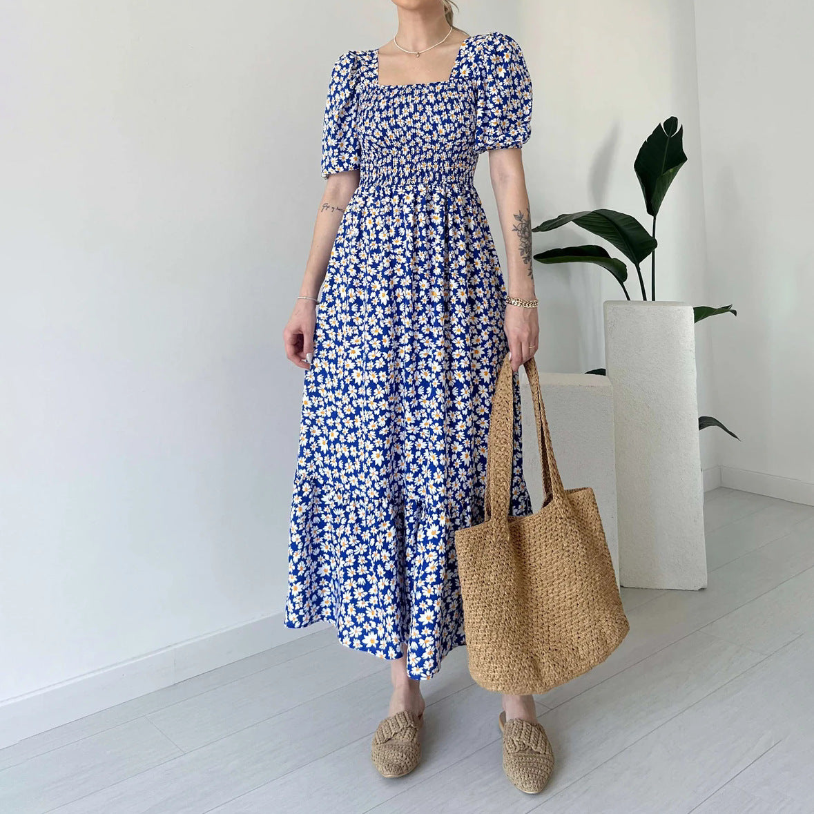 Vestido largo con cintura elástica y cuello cuadrado y mangas abullonadas con estampado floral para mujer