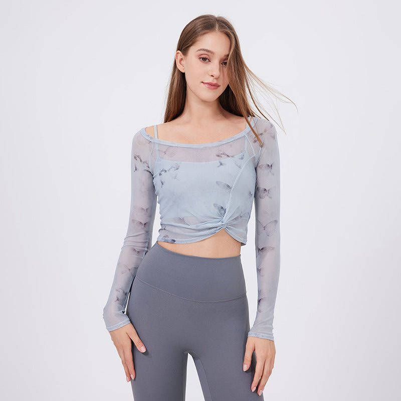 T-shirt de sport en deux pièces à imprimé floral et papillon pour femme, manches longues avec coussinet de poitrine, vêtements de yoga, haut en maille, séchage rapide, vêtements d'entraînement amincissants