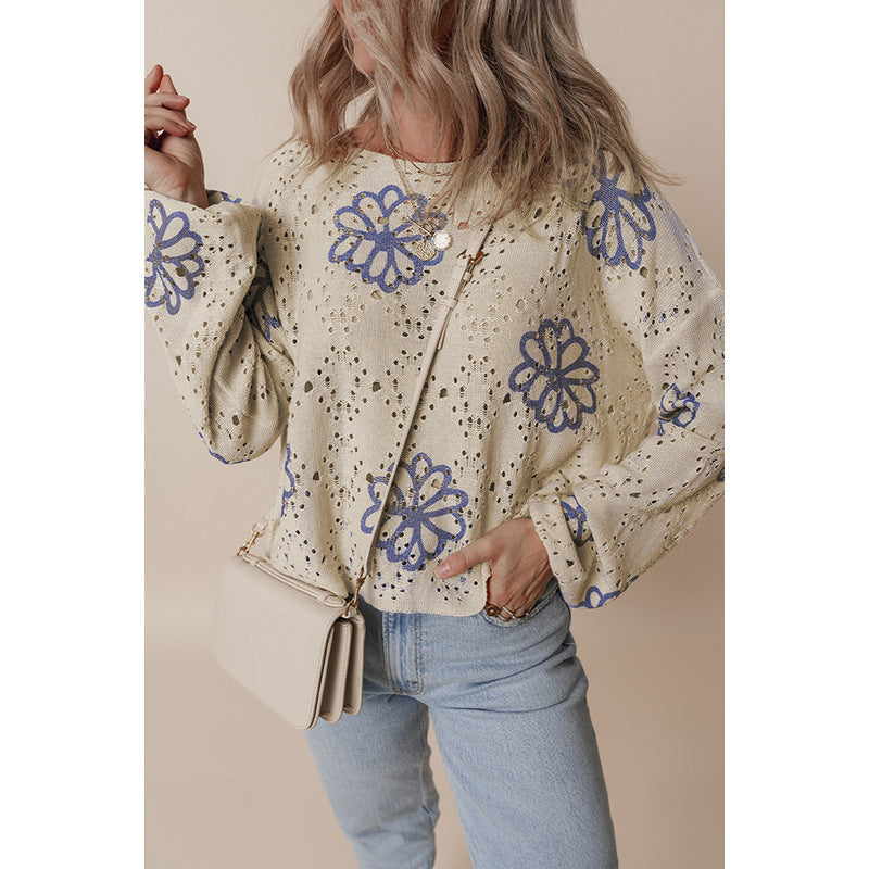 Winter Floral Print Short Sweater Women Cool Hollow Out Cutout Off Shoulder Sweater Women