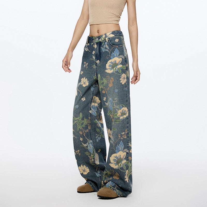 Pantalones vaqueros de pierna ancha con estampado floral de High Street para mujer, holgados, de nueve puntos, con una boca y dos piernas