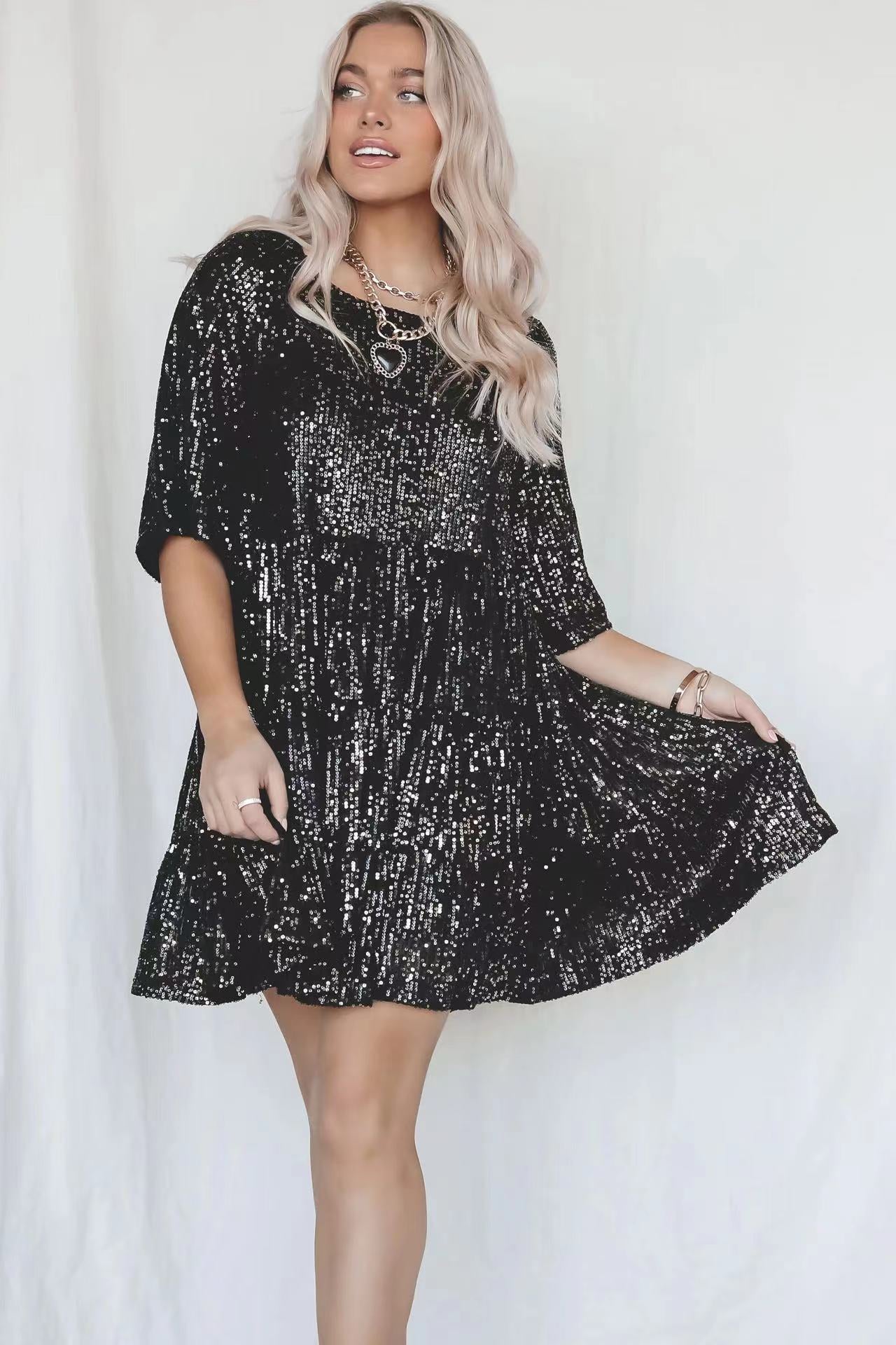 Women Sequined round Neck Short Sleeve Large Swing Cute Dress Women