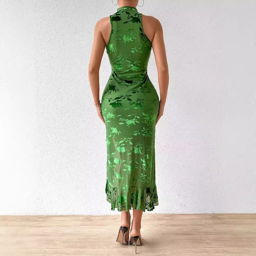 Robe longue chinoise Cheongsam à col roulé et manches courtes avec fente latérale