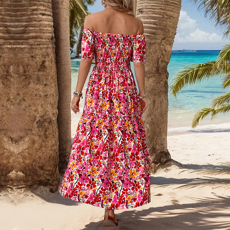 Summer Women Clothing Vacation off-Shoulder Printed Dress