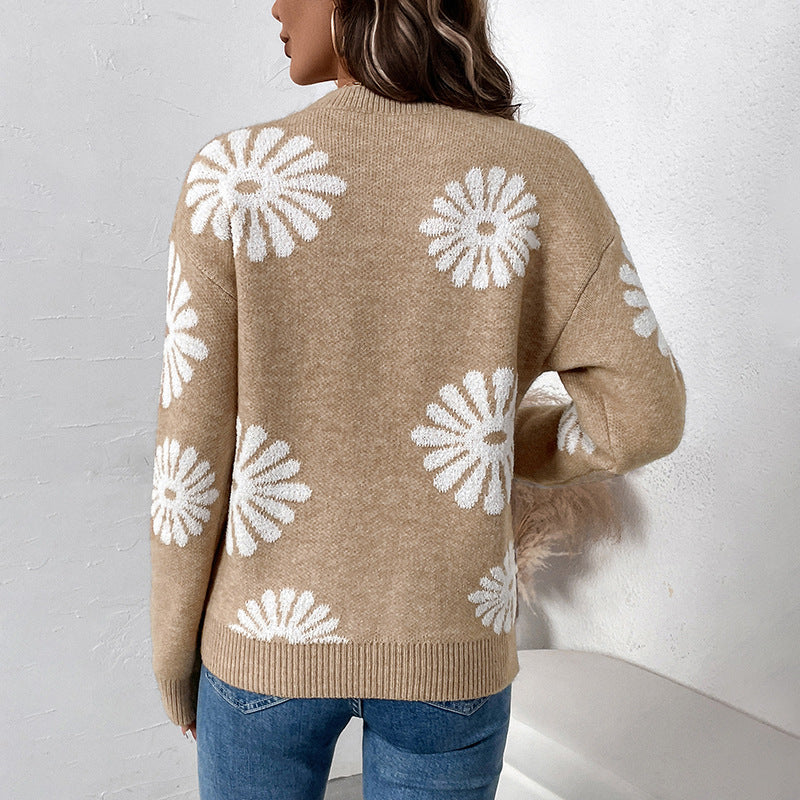 Pull-over décontracté en tricot floral pour femme, automne-hiver