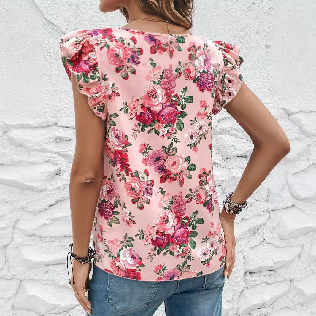 Camisa de mujer de manga corta con estampado floral de verano