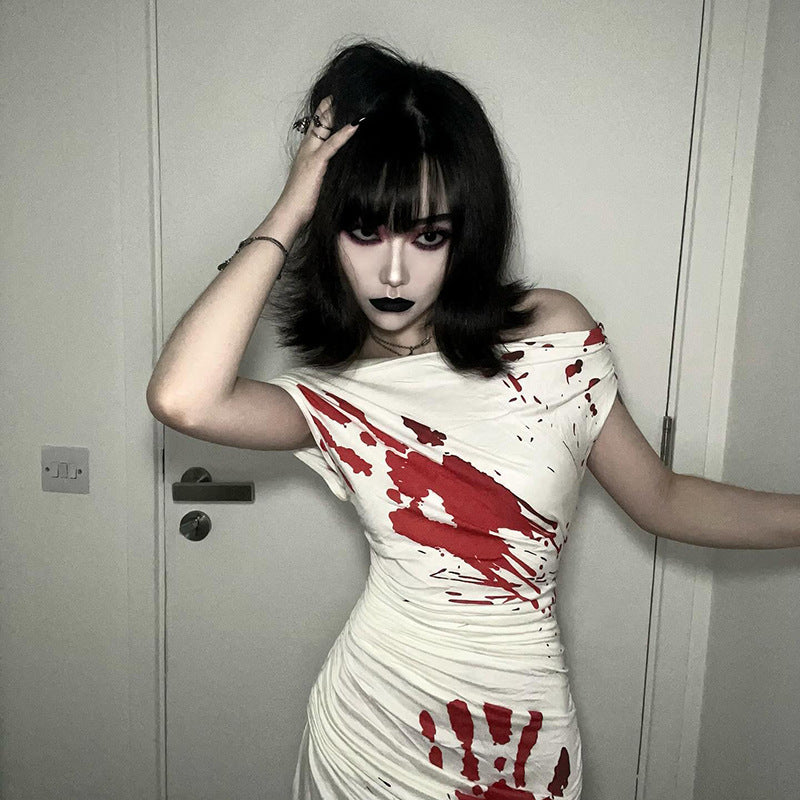 Blood Stain Floral Print off Shoulder Dress Women Halloween Cos Personality Sexy Slim Fit Maxi Dress