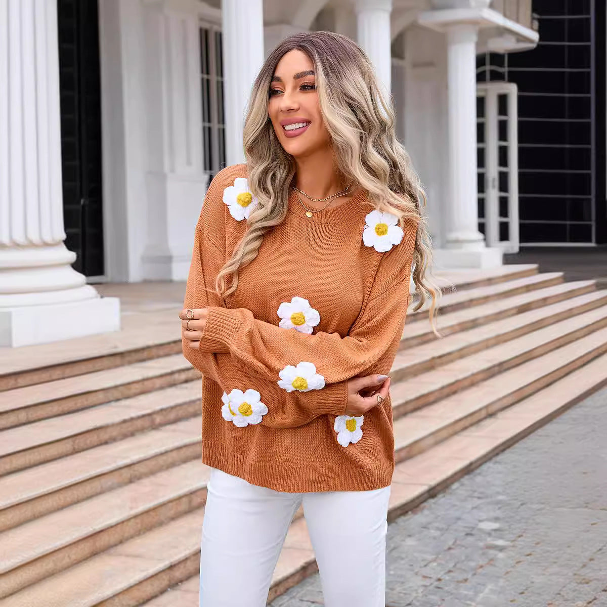 Autumn Winter Women Pullover Floral Sweater Round Neck Long Sleeve Sweater Women