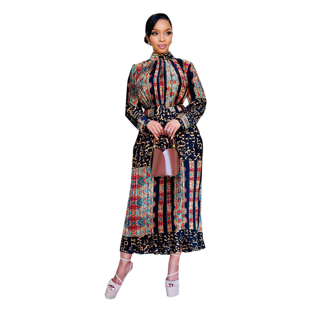 Women Wear Autumn Printed Long Sleeve Pleated Dress Women