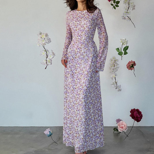 Robe française à fleurs, col rond, élégante, nouée à la taille, serrée, Slim Fit, Maxi, vêtements pour femmes