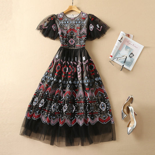 Heavy Industry Net Yarn Embroidered Wide Hem Dress