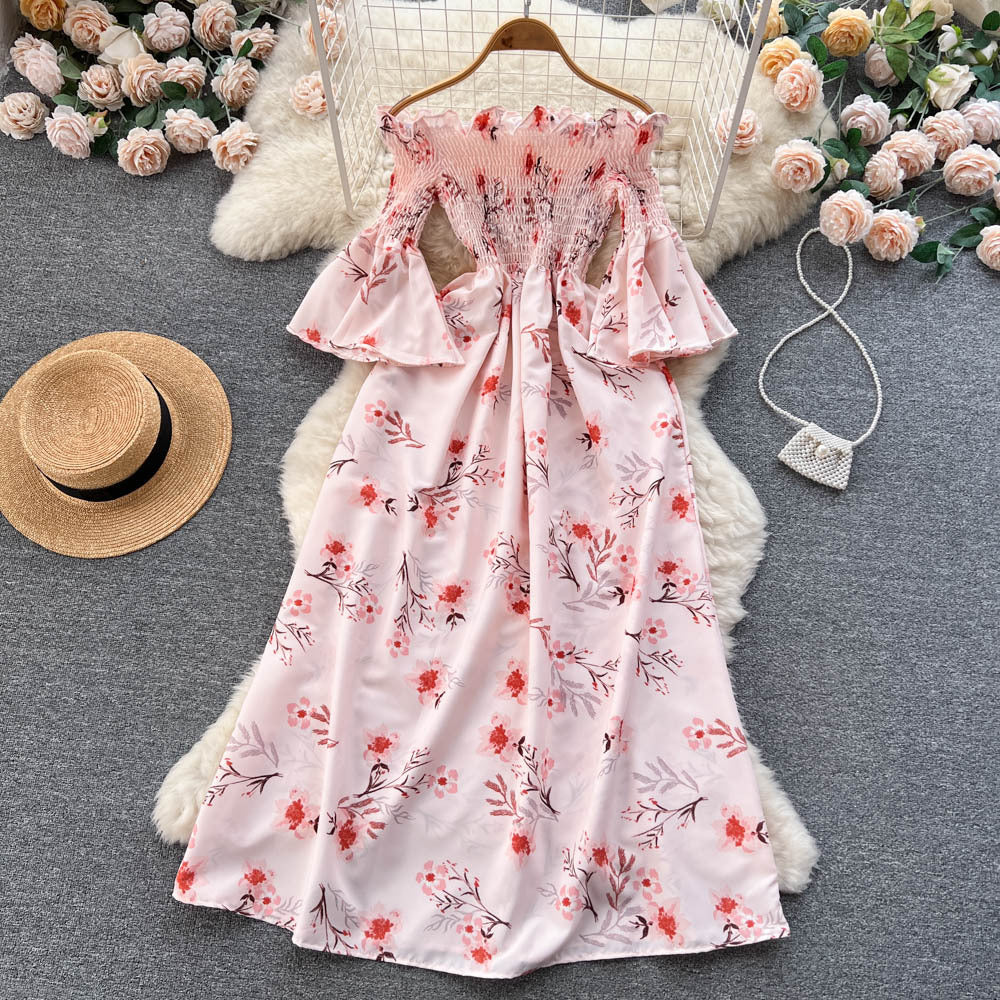 Robe florale française douce à épaules dénudées