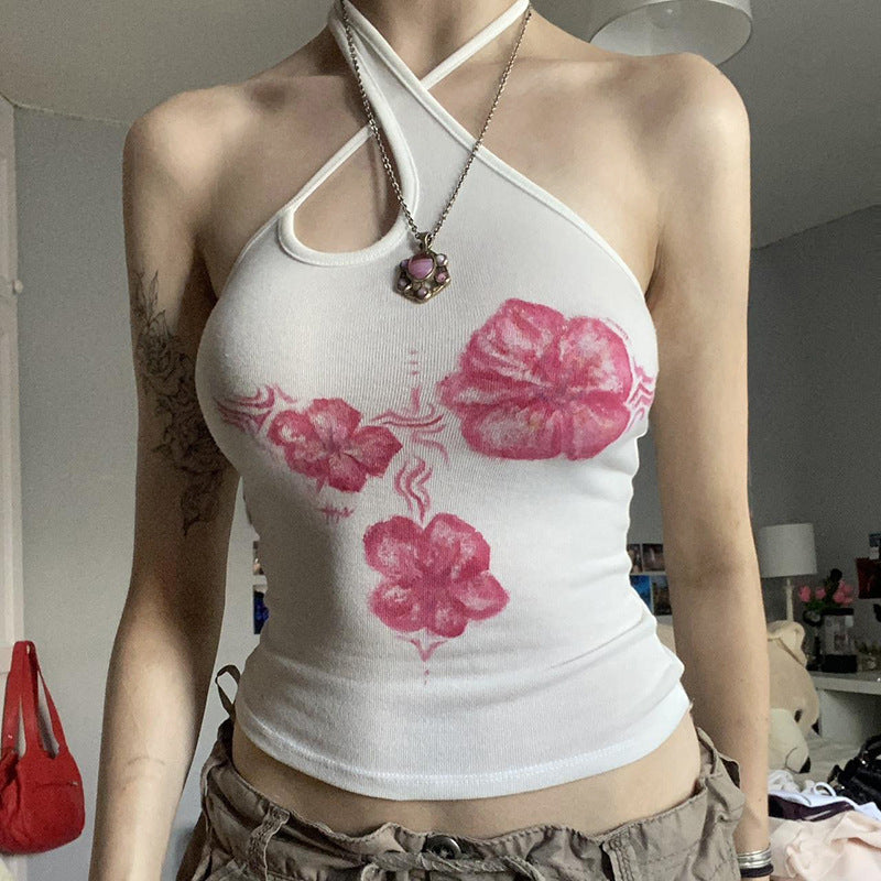 Top corto adelgazante sin espalda con estampado floral y cuello halter cruzado de punto personalizado con tirantes sexys