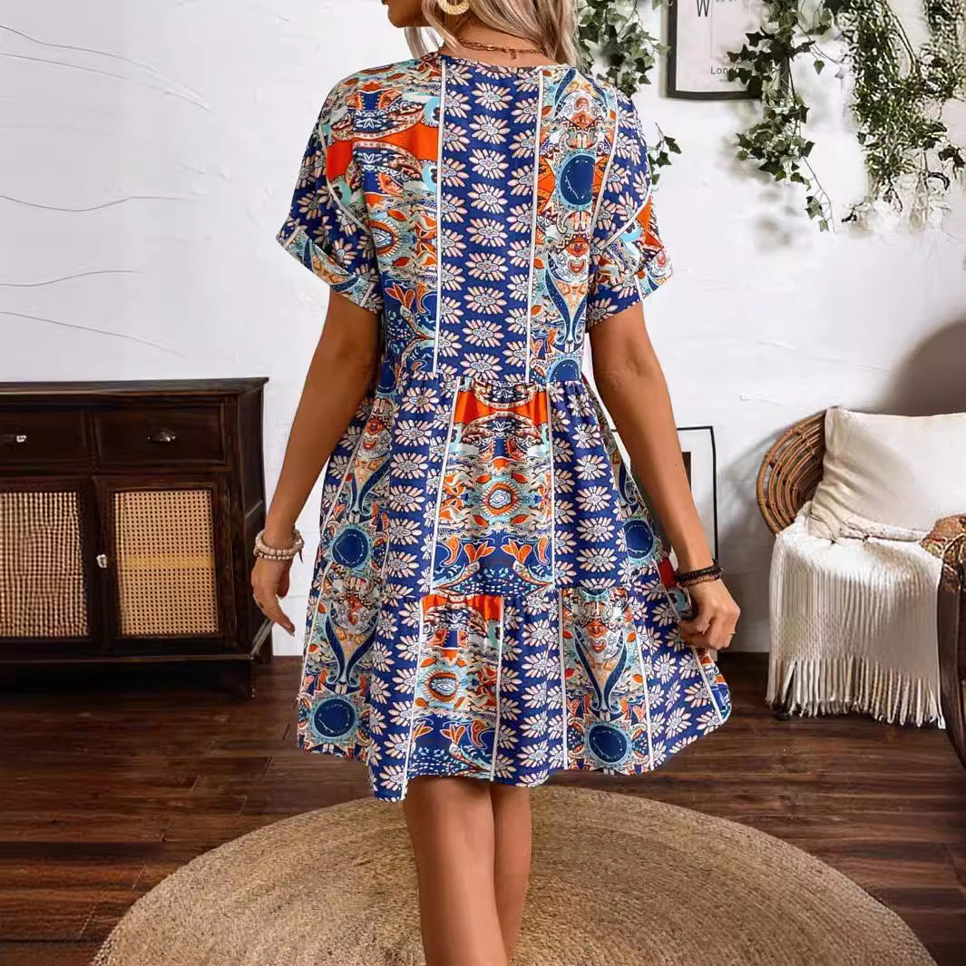 Ladies Vintage Floral Printed V neck High Waist Batwing Sleeve Holiday Dress