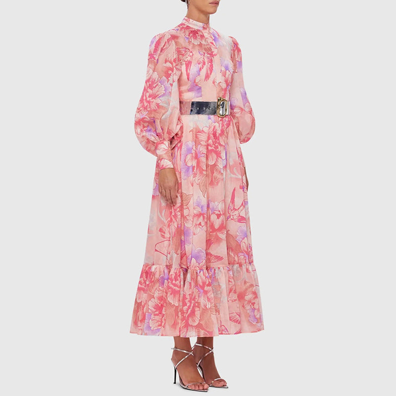 Early Spring Elegant Lantern Sleeve Niche Design Printed Belt Waist Tight Maxi Dress for Women（Belt To The Real Picture Shall Prevail）