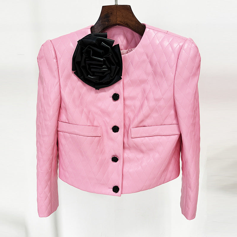 Veste courte en cuir avec décoration florale et étoile, boucle rose, losange