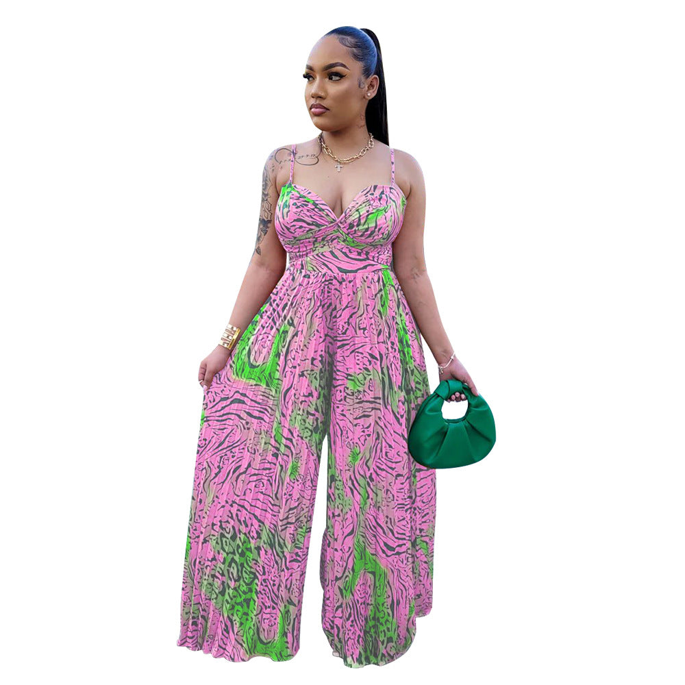 Women Wear Floral Print Sling Pleated Jumpsuit