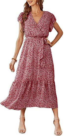 Robe à fleurs pour femmes, col en V, manches courtes