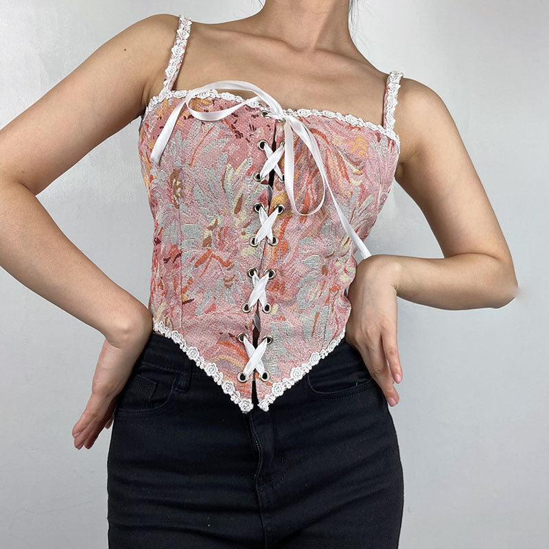 Gilet Jacquard Français Camisole Peinture à l'huile Dentelle Couture Sangle Intérieur Extérieur Vêtements Haut Femmes