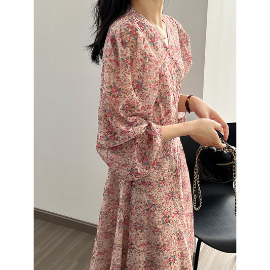 V neck Floral Dress Autumn Puff Sleeve Slimming Cinched Mid Length Dress