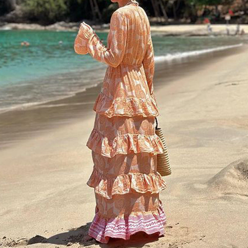 Vestido playero bohemio con estampado floral de otoño para mujer, largo medio