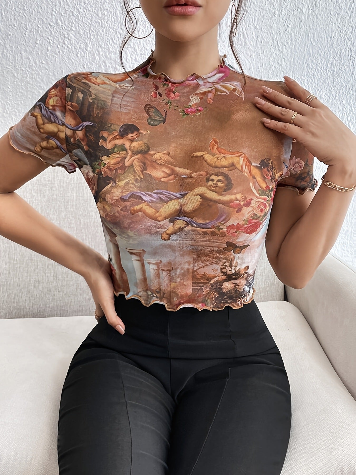 T-shirt à manches courtes en maille élégante à imprimé floral et à lisière filiforme Haut amincissant Vêtements pour femmes