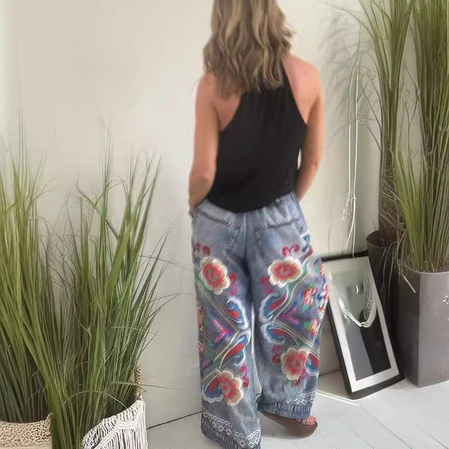 Pantalon décontracté ample à lacets pour femme, imprimé imitation denim, avec poches, printemps été