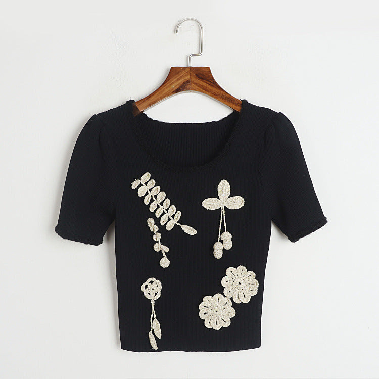 Heavy Industry Manual Three Dimensional Gold Thread Hook Floral Tassel Short Sleeved Top Summer Round Neck Cherry Knitted