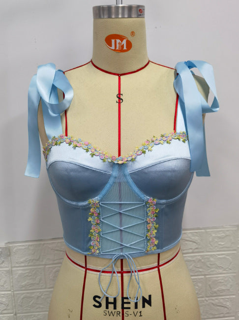 Vacation Three Dimensional Floral Strap Shrink Steel Ring Boning Corset Vest