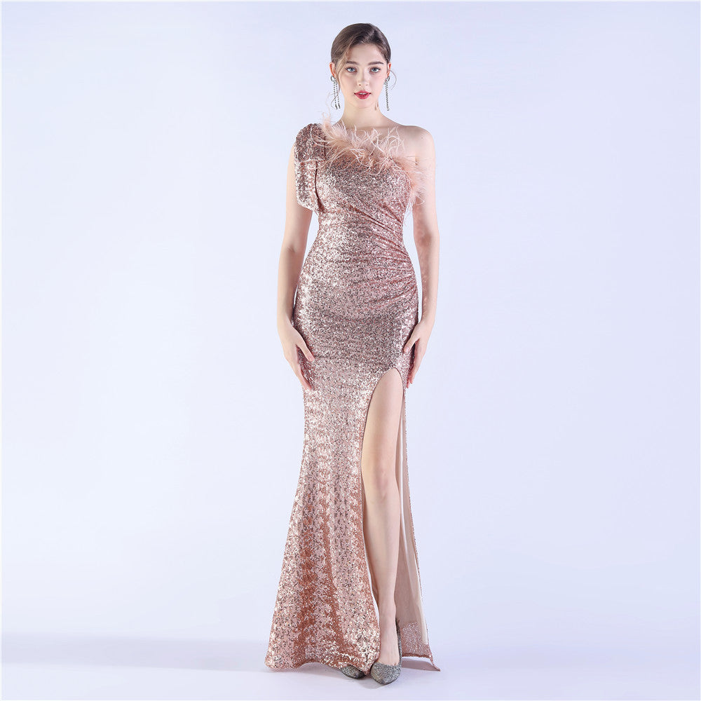 Craft Floral plus Ostrich Feather High End Sequined One Shoulder Evening Dress